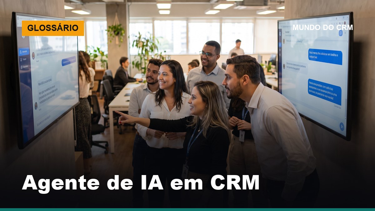 Equipe de vendas brasileira observando agente de IA em CRM respondendo clientes automaticamente em tela grande no escritório