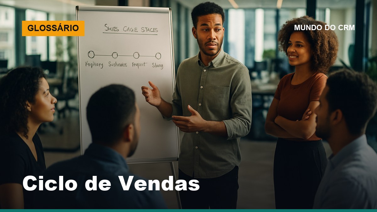 Time de vendas brasileiro discutindo gráfico de ciclo de vendas em quadro branco em escritório moderno com luz natural