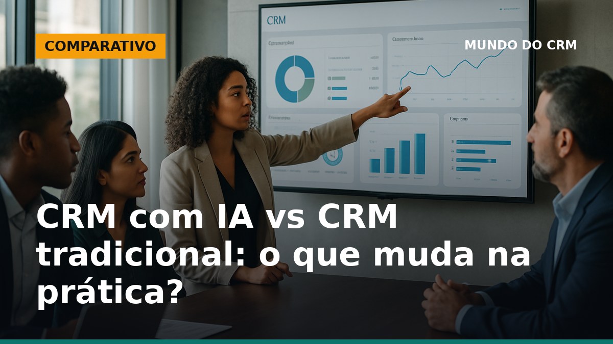 Equipe brasileira analisando dashboards de CRM com IA em tela grande no escritório