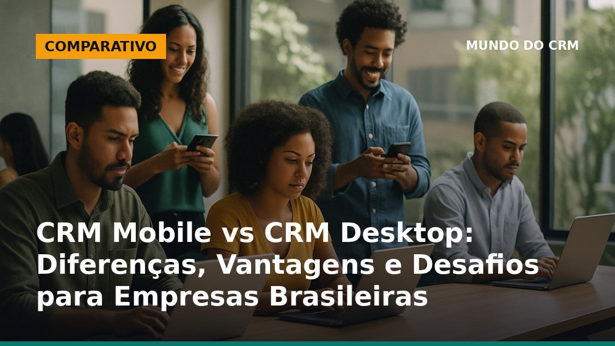 Equipe comercial brasileira usando CRM mobile em smartphones e CRM desktop em notebooks no escritório