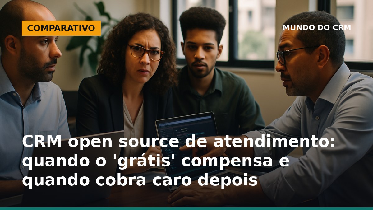 Equipe de TI brasileira avaliando CRM open source de atendimento em escritório moderno.