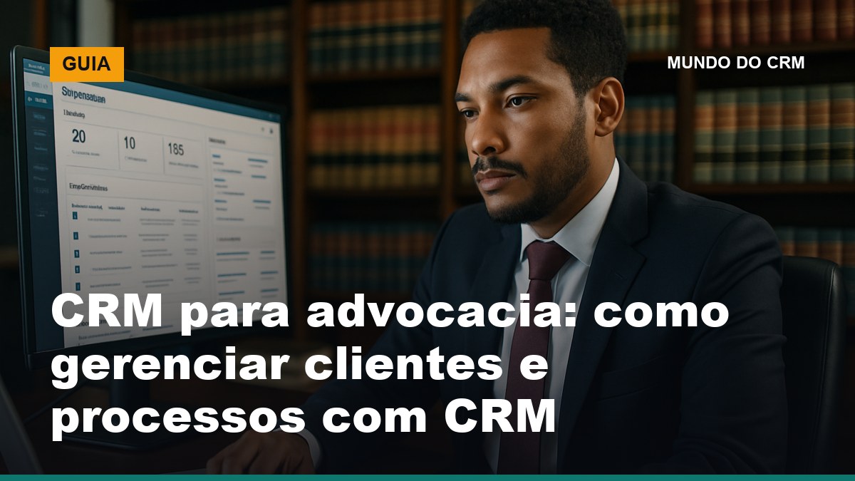 Advogado brasileiro de terno revisando informações de captação de clientes em dashboard de CRM em escritório jurídico moderno com estantes de livros ao fundo
