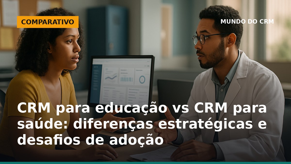 Profissionais brasileiros de educação e saúde analisando sistemas CRM em ambiente de trabalho