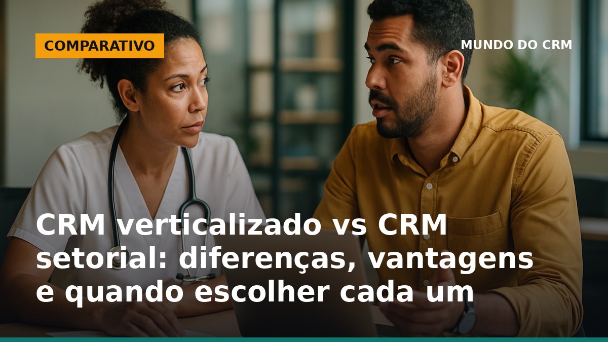 Dois profissionais brasileiros analisando opções de CRM verticalizado e setorial em ambiente corporativo