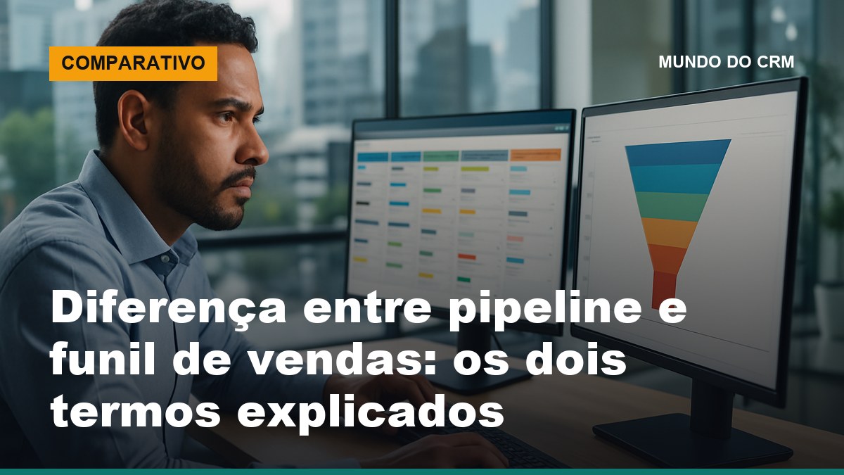 Vendedor analisando pipeline e funil de vendas no CRM em duas telas, comparando etapas e negócios em aberto