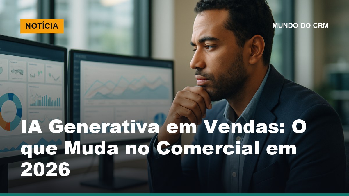 Gestor comercial brasileiro analisa insights de IA generativa em painel de CRM em escritório moderno com luz natural