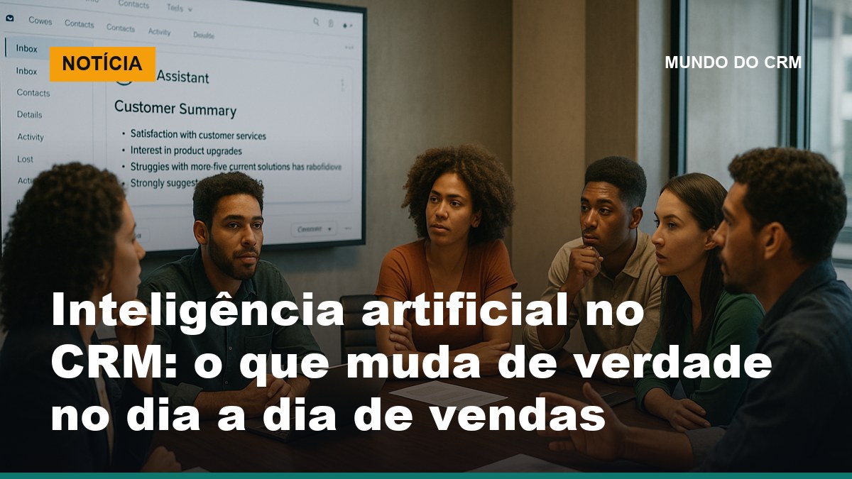 Equipe comercial brasileira analisando inteligência artificial no CRM gerando resumo de clientes projetado em sala de reunião moderna
