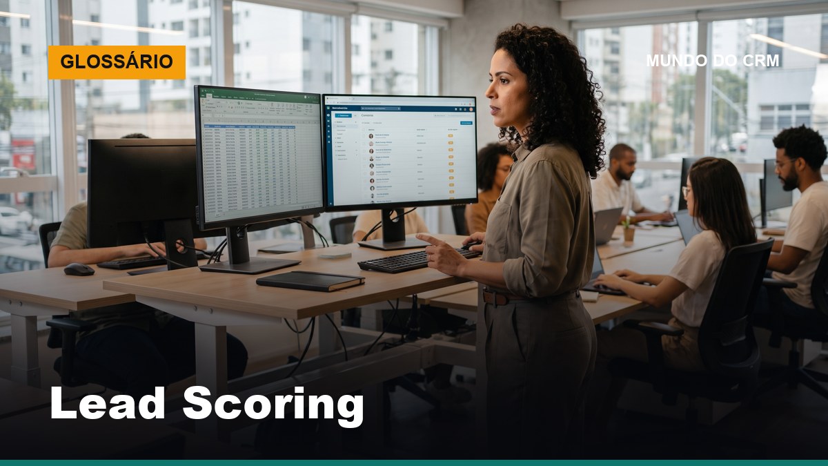 Analista de marketing brasileiro revisando pontuação de lead scoring em planilha e CRM abertos em escritório moderno