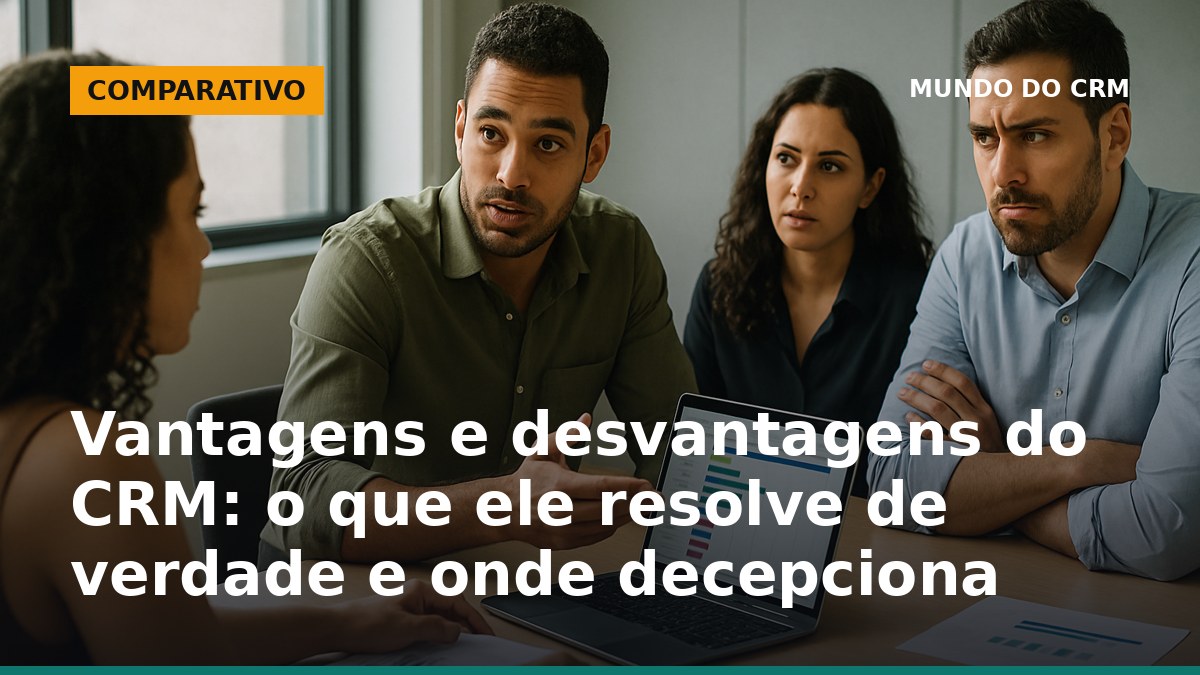Vantagens e desvantagens do CRM em uma reunião de vendas com equipe analisando pipeline no notebook